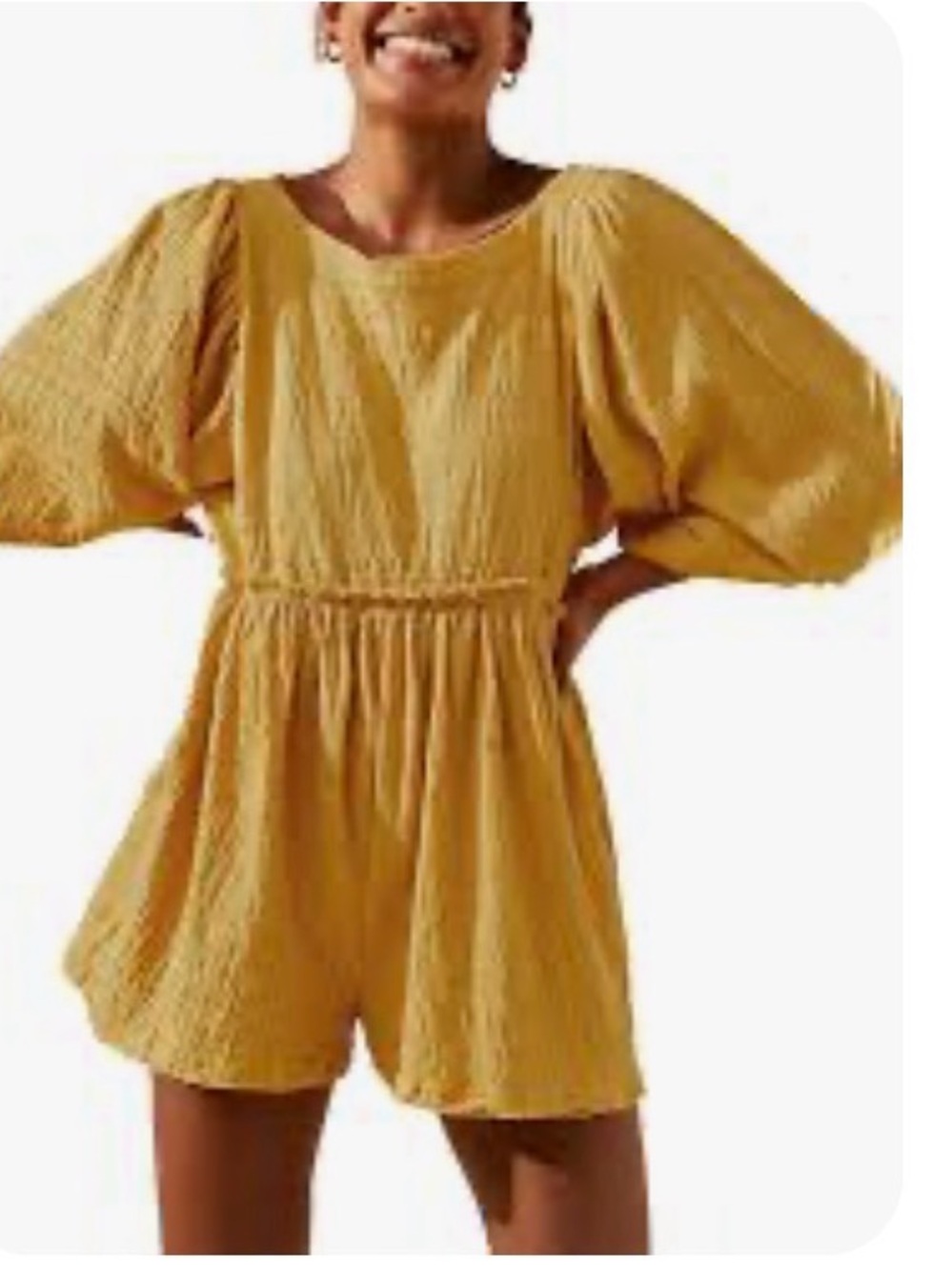 Mustard Puff-Sleeve Romper Jumpsuit - Casual Women’s Romper